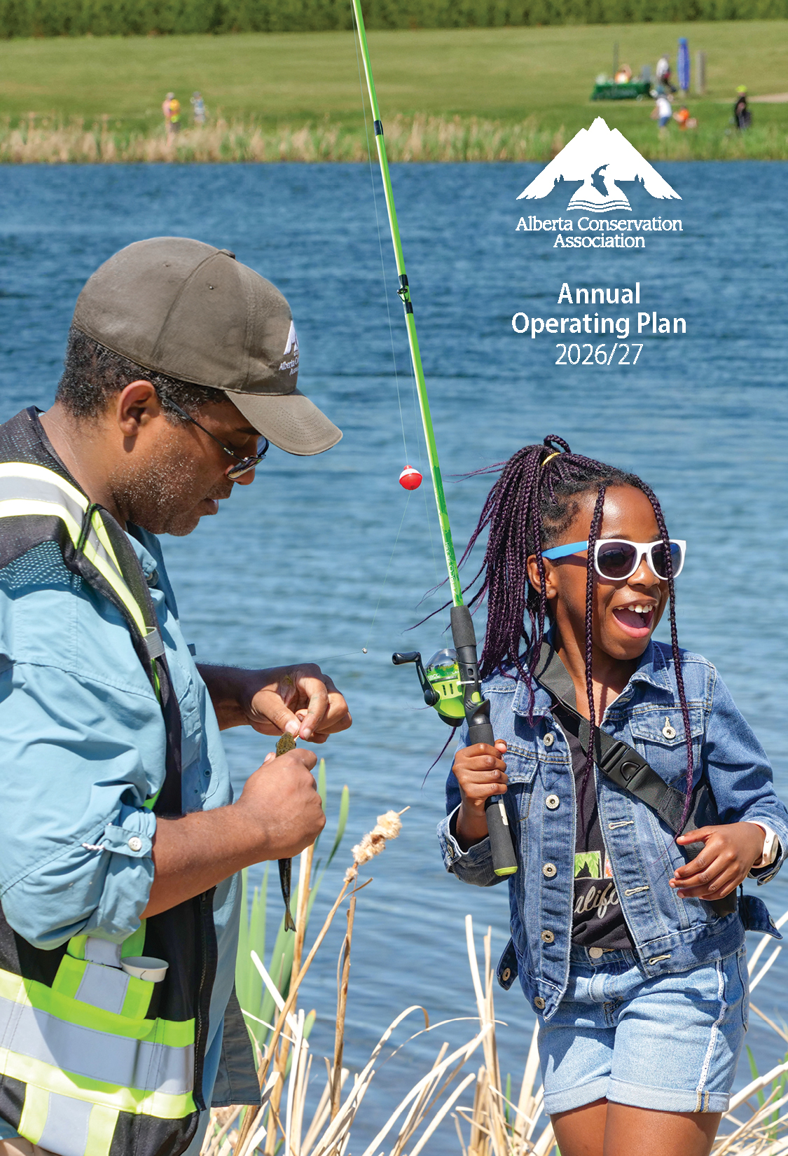 Cover of the ACA Operating Plan 2024/25, ACA staff collecting wildlife data while overlooking a river valley